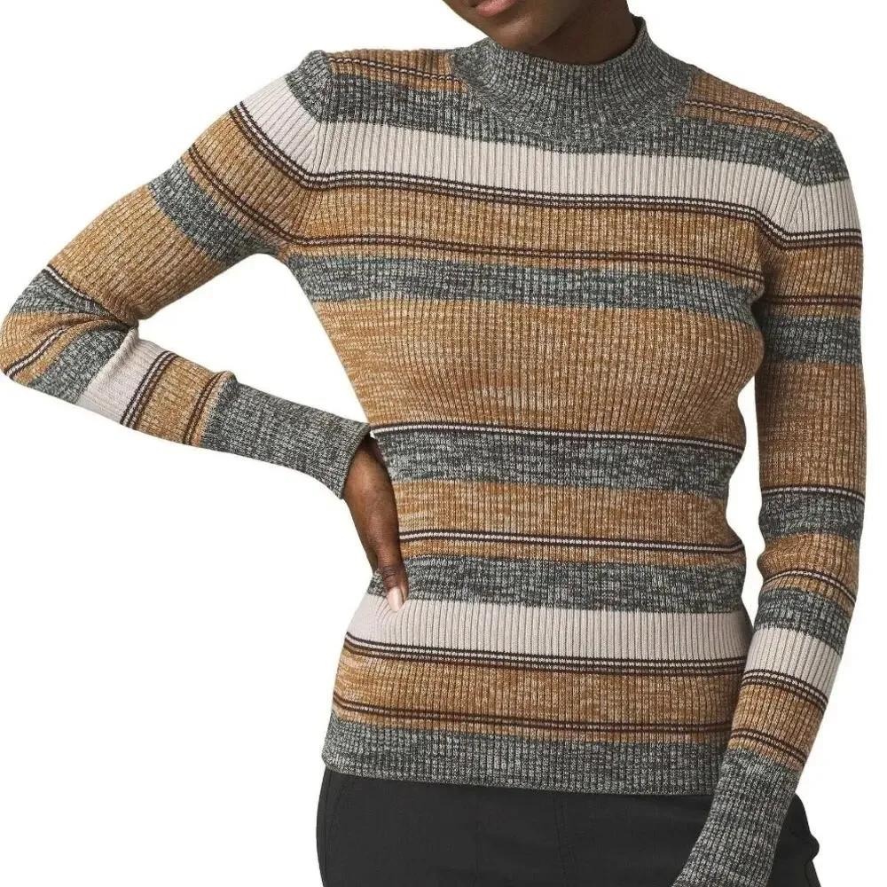 Prana Acadia Organic Cotton Mock Neck Sweater Large Stripe Ribbed Granola Earthy